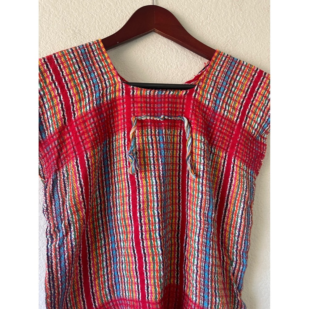 Handwoven vintage Huipil Top Red Multi Color Striped Fringe Boho Folk Art - Picture 3 of 4